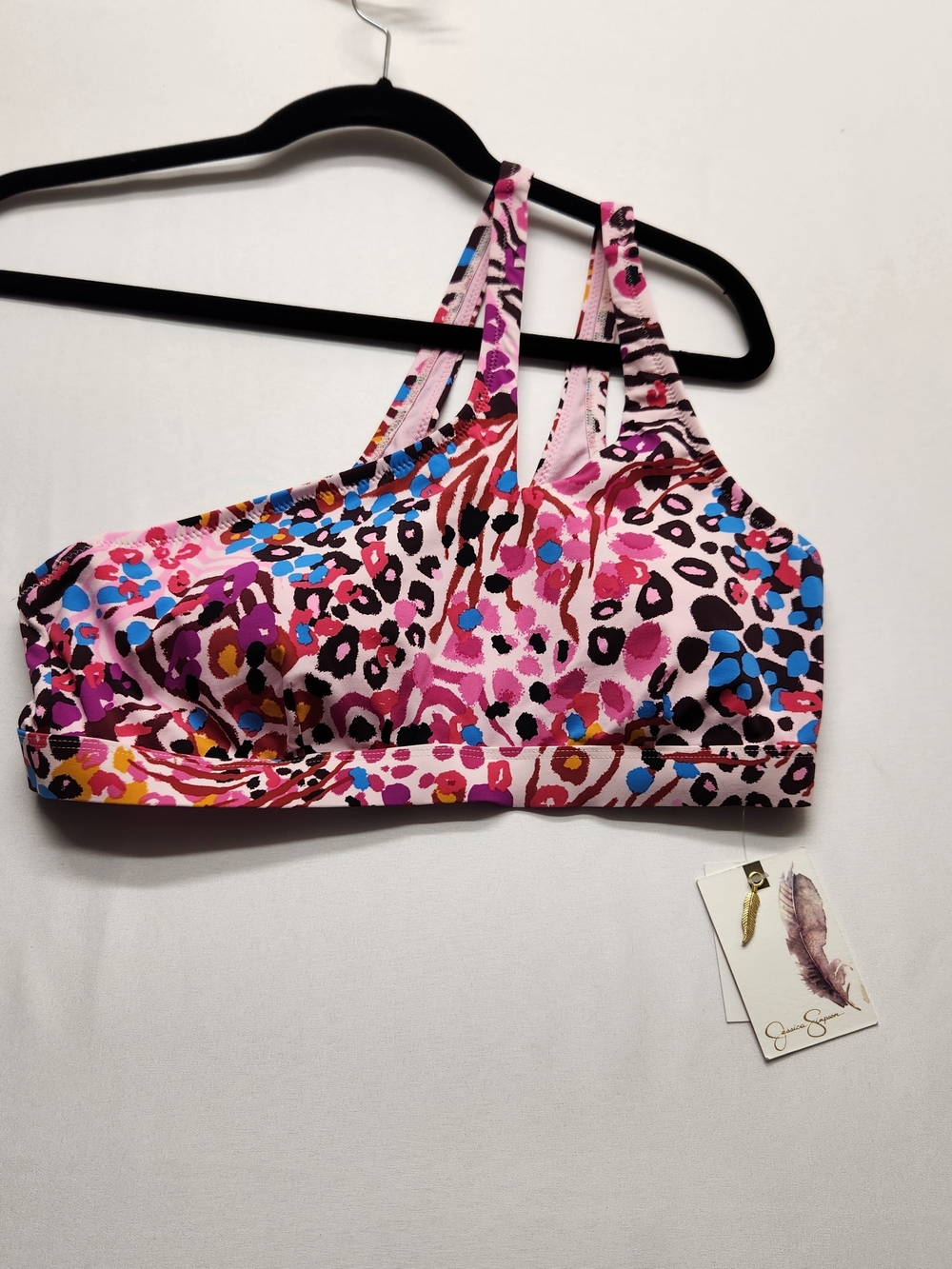 ⭐️NWT Jessica Simpson Asymmetric One Shoulder Bikini Top Pink Animal Print M